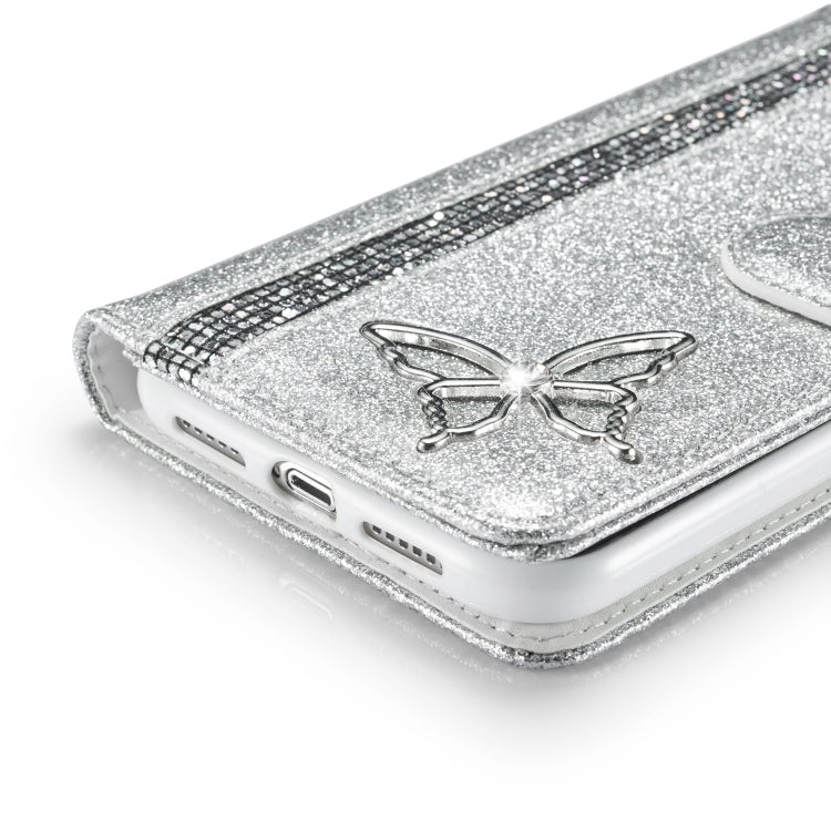 For iPhone XR Glitter Powder Butterfly Leather Phone Case