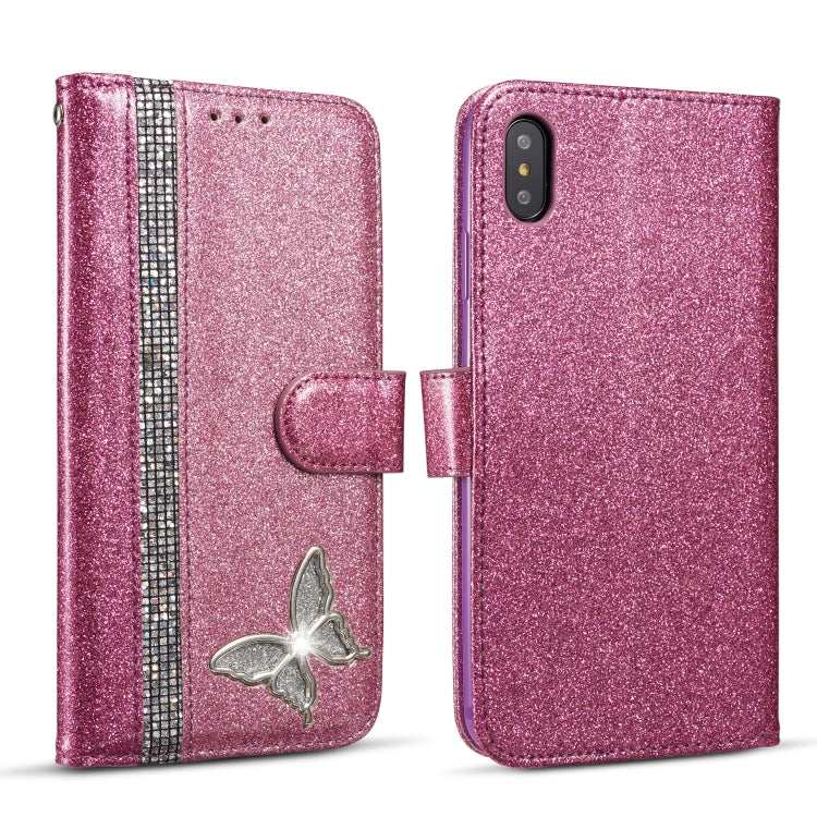 For iPhone XS Max Glitter Powder Butterfly Leather Phone Case