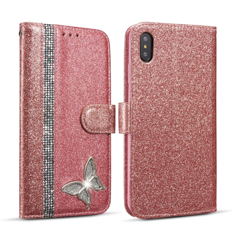For iPhone XS Max Glitter Powder Butterfly Leather Phone Case