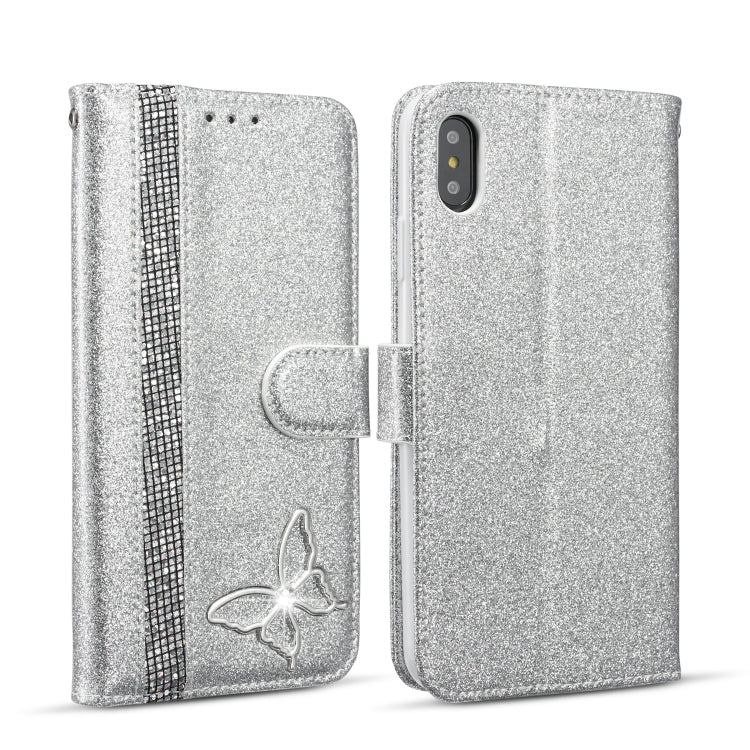 For iPhone XS Max Glitter Powder Butterfly Leather Phone Case