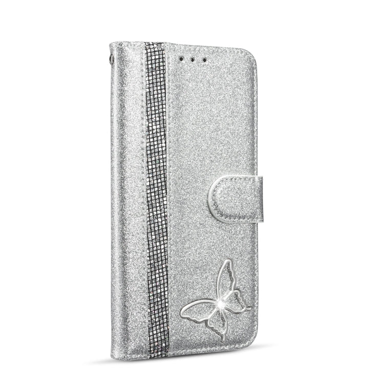 For iPhone XS Max Glitter Powder Butterfly Leather Phone Case