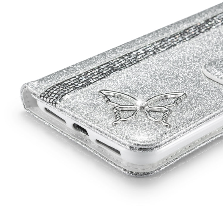 For iPhone XS Max Glitter Powder Butterfly Leather Phone Case
