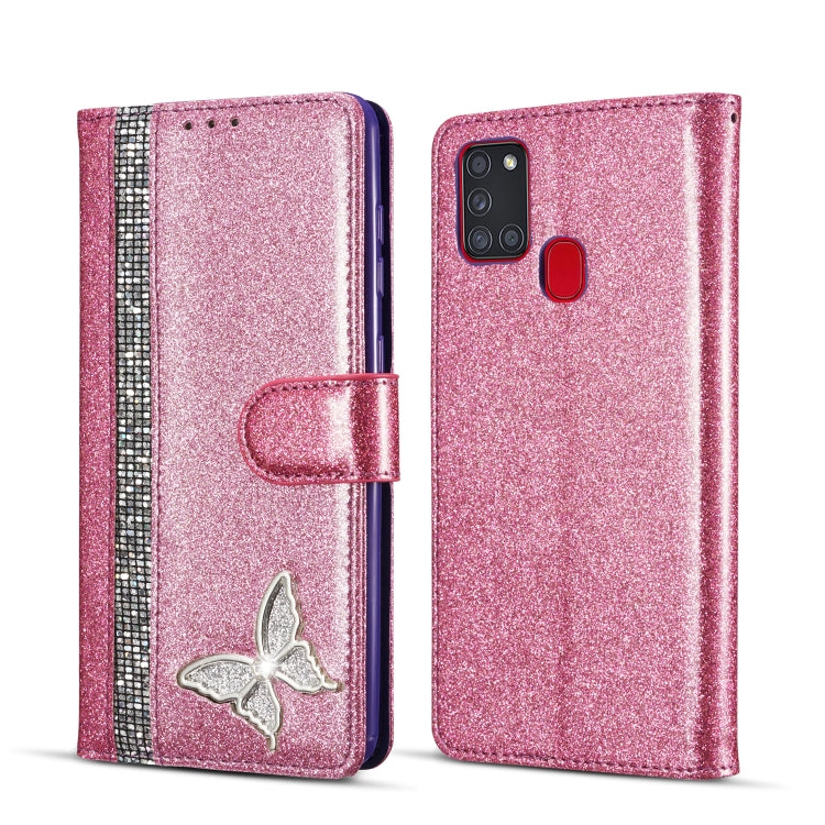 For Samsung Galaxy A21S Glitter Powder Butterfly Leather Phone Case