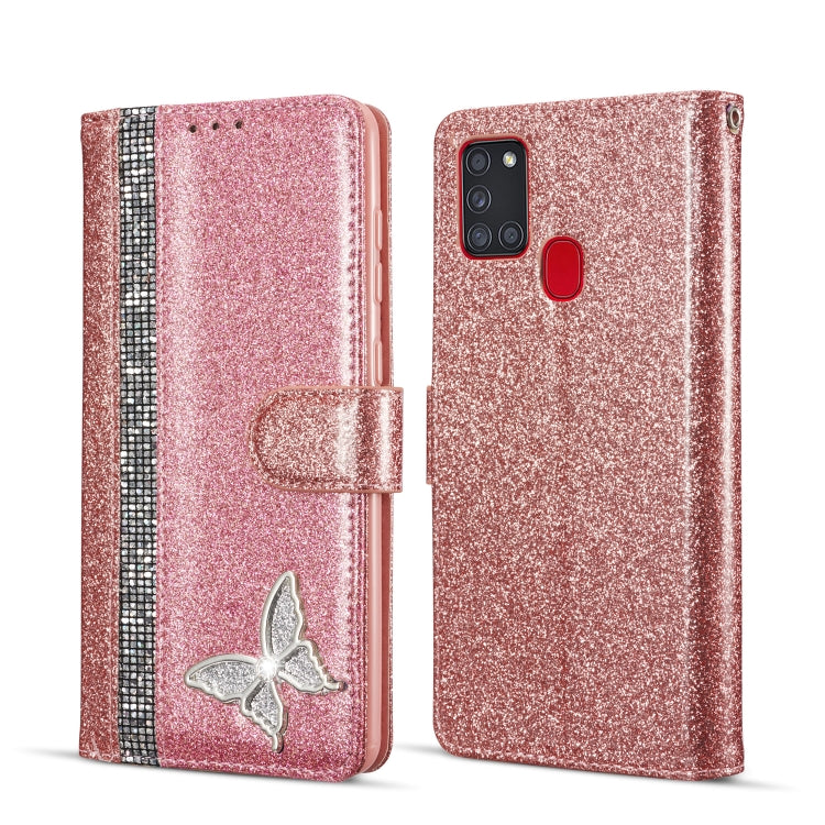For Samsung Galaxy A21S Glitter Powder Butterfly Leather Phone Case
