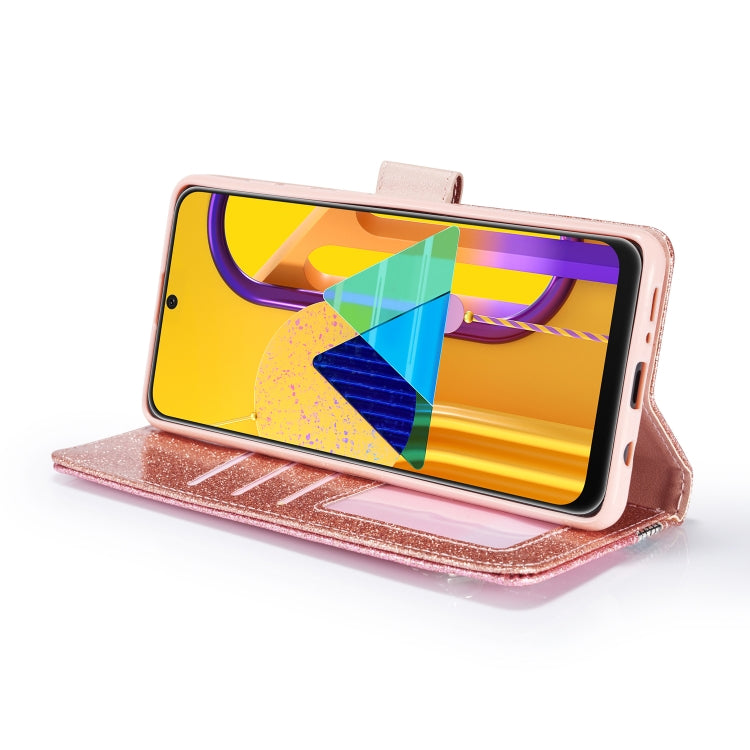 For Samsung Galaxy A21S Glitter Powder Butterfly Leather Phone Case