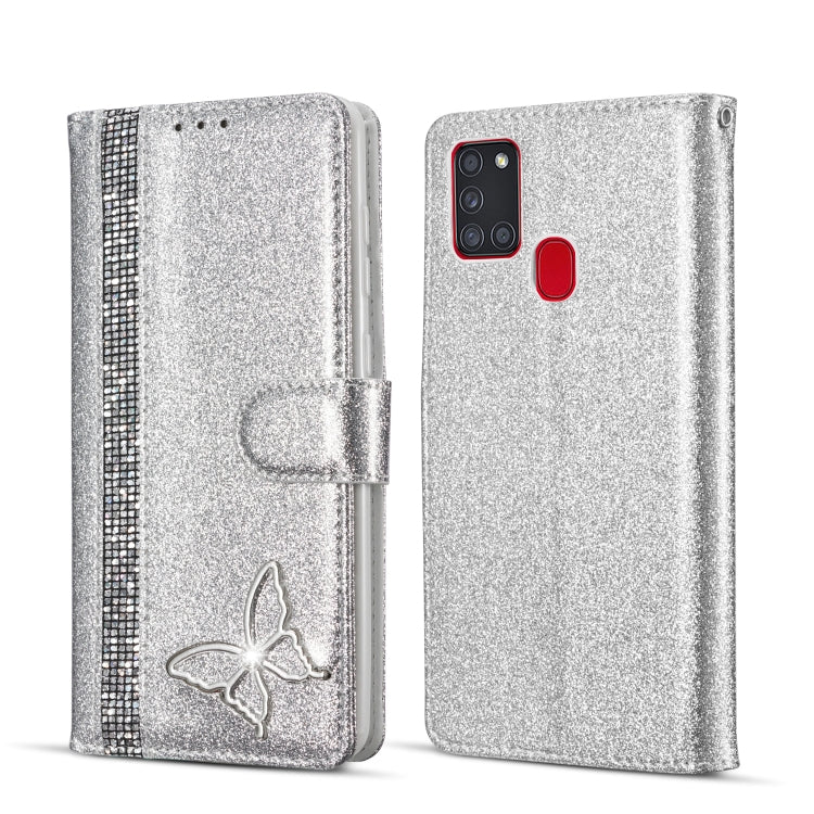 For Samsung Galaxy A21S Glitter Powder Butterfly Leather Phone Case