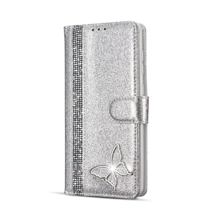 For Samsung Galaxy A21S Glitter Powder Butterfly Leather Phone Case