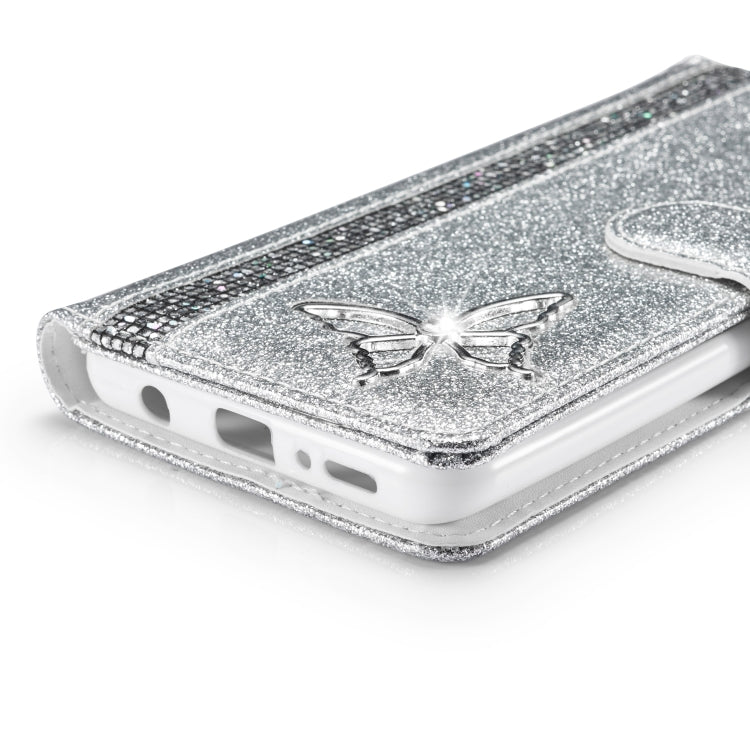 For Samsung Galaxy A21S Glitter Powder Butterfly Leather Phone Case