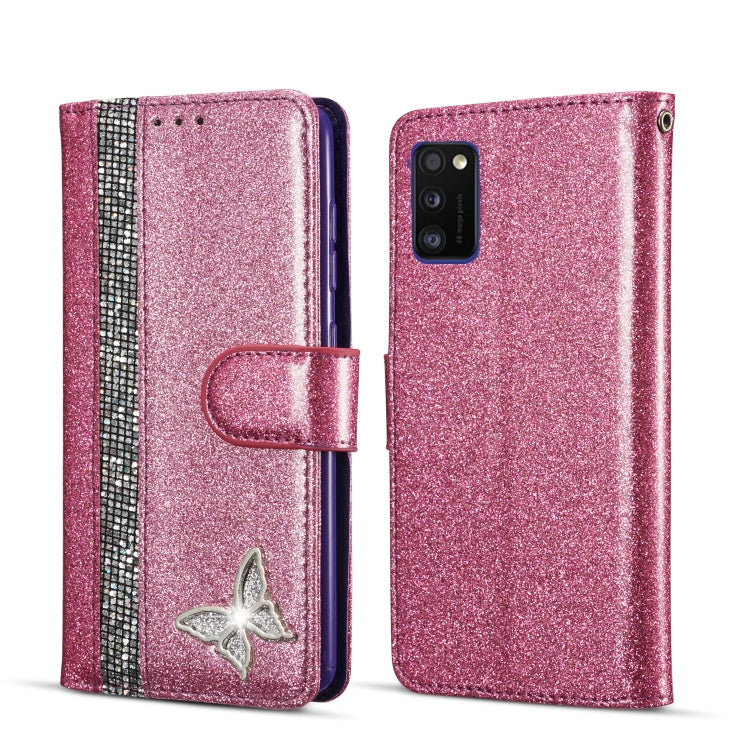 For Samsung Galaxy A41 Glitter Powder Butterfly Leather Phone Case