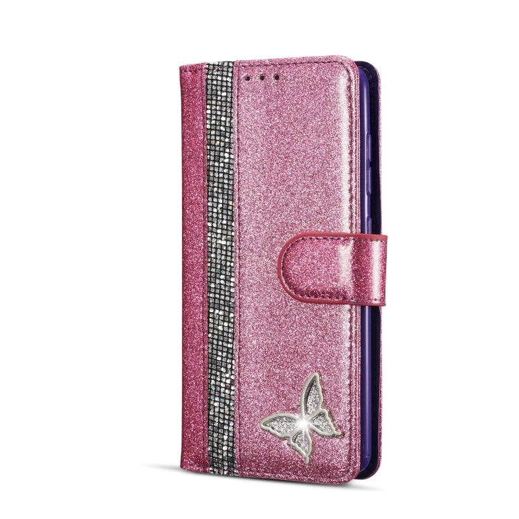 For Samsung Galaxy A41 Glitter Powder Butterfly Leather Phone Case