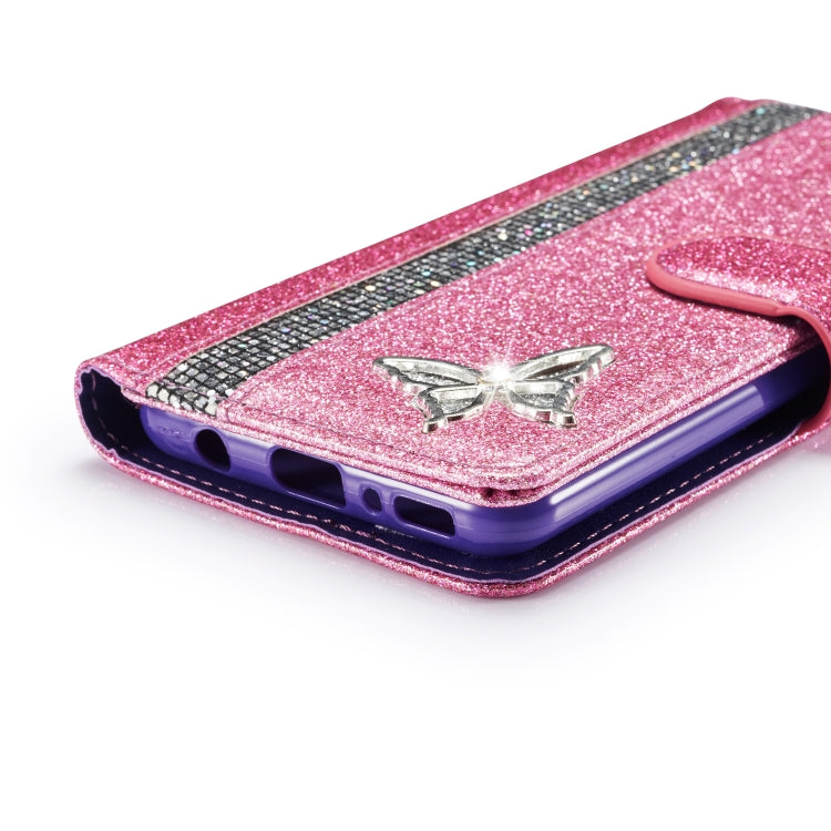 For Samsung Galaxy A41 Glitter Powder Butterfly Leather Phone Case