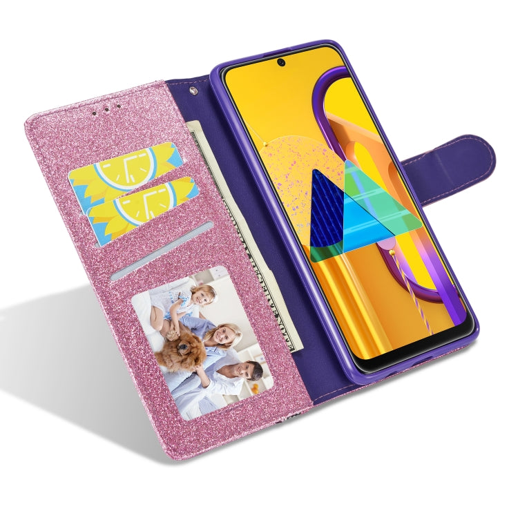 For Samsung Galaxy A41 Glitter Powder Butterfly Leather Phone Case