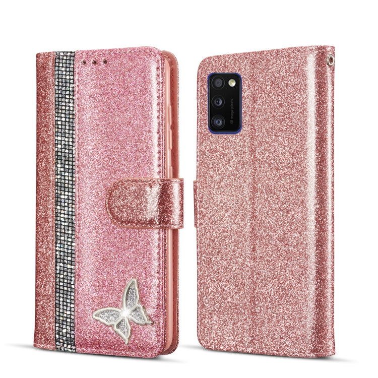 For Samsung Galaxy A41 Glitter Powder Butterfly Leather Phone Case
