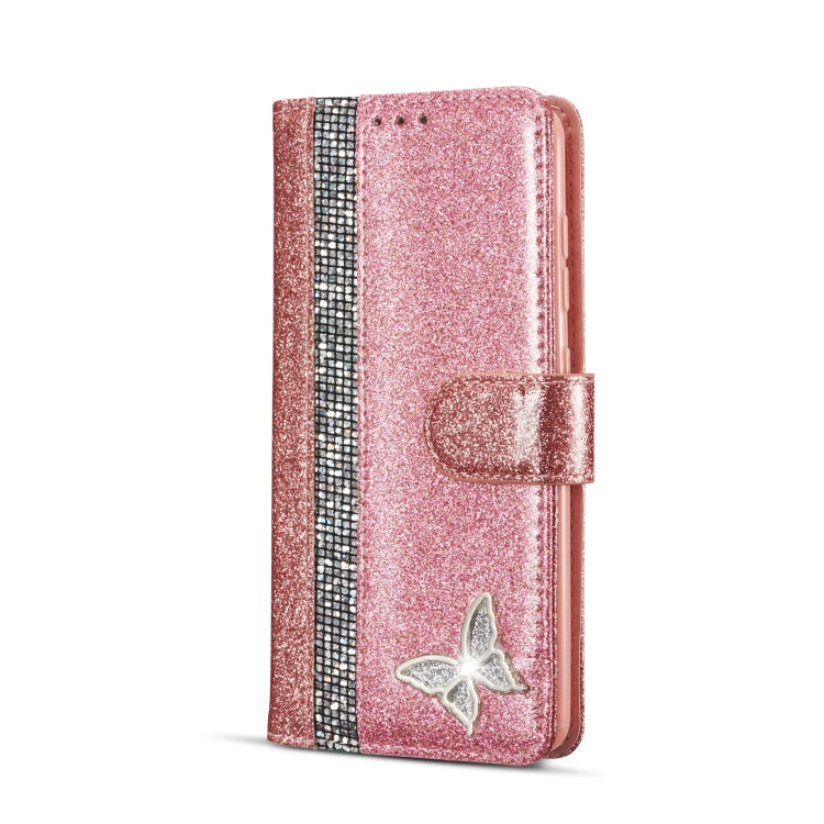 For Samsung Galaxy A41 Glitter Powder Butterfly Leather Phone Case