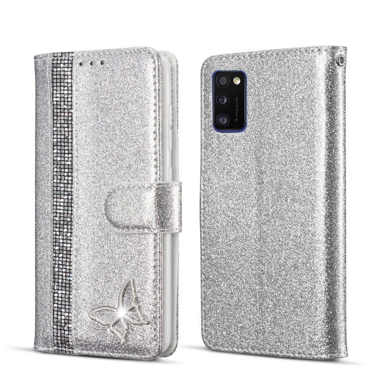 For Samsung Galaxy A41 Glitter Powder Butterfly Leather Phone Case