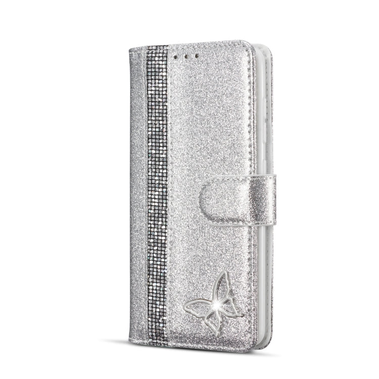 For Samsung Galaxy A41 Glitter Powder Butterfly Leather Phone Case