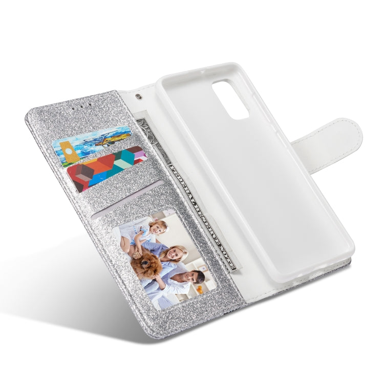 For Samsung Galaxy A41 Glitter Powder Butterfly Leather Phone Case