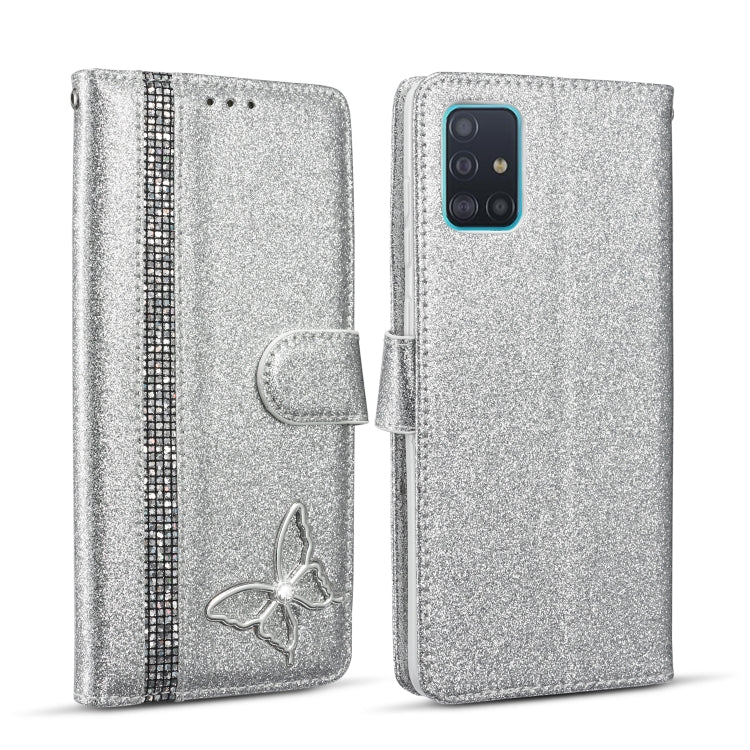 For Samsung Galaxy A51 Glitter Powder Butterfly Leather Phone Case