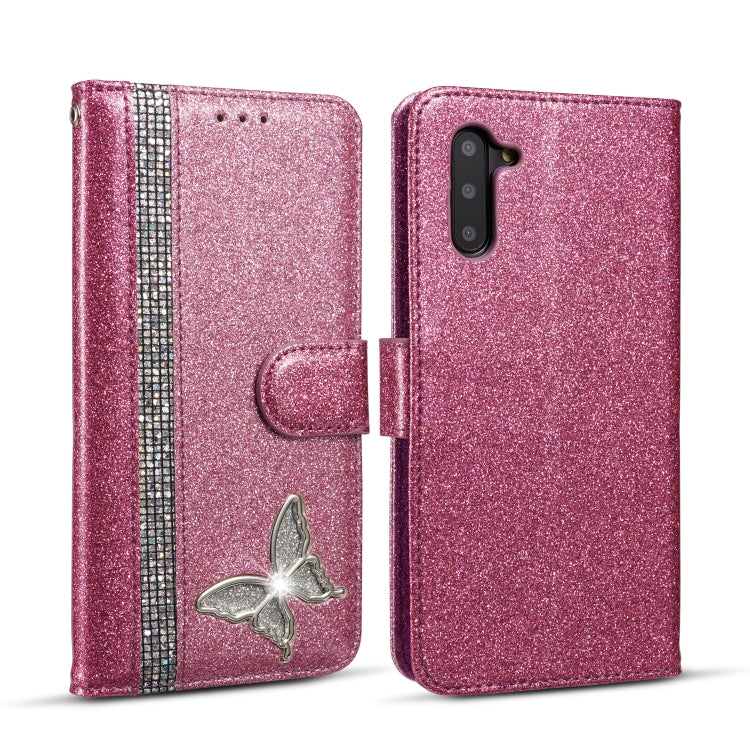 For Samsung Galaxy Note10 Glitter Powder Butterfly Leather Phone Case