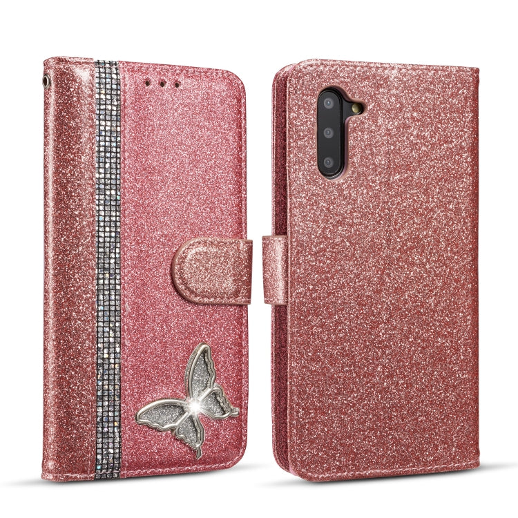 For Samsung Galaxy Note10 Glitter Powder Butterfly Leather Phone Case