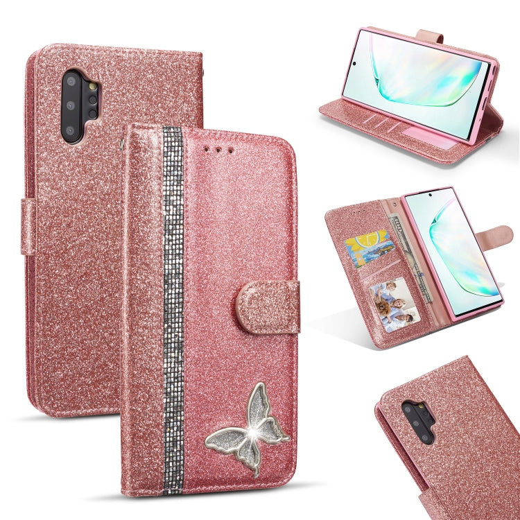 For Samsung Galaxy Note10+ Glitter Powder Butterfly Leather Phone Case(Silver)