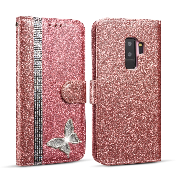 For Samsung Galaxy S9+ Glitter Powder Butterfly Leather Phone Case