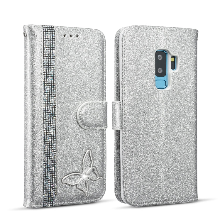 For Samsung Galaxy S9+ Glitter Powder Butterfly Leather Phone Case
