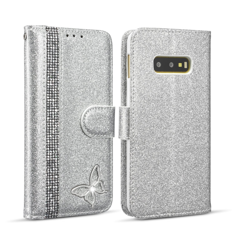 For Samsung Galaxy S10e Glitter Powder Butterfly Leather Phone Case