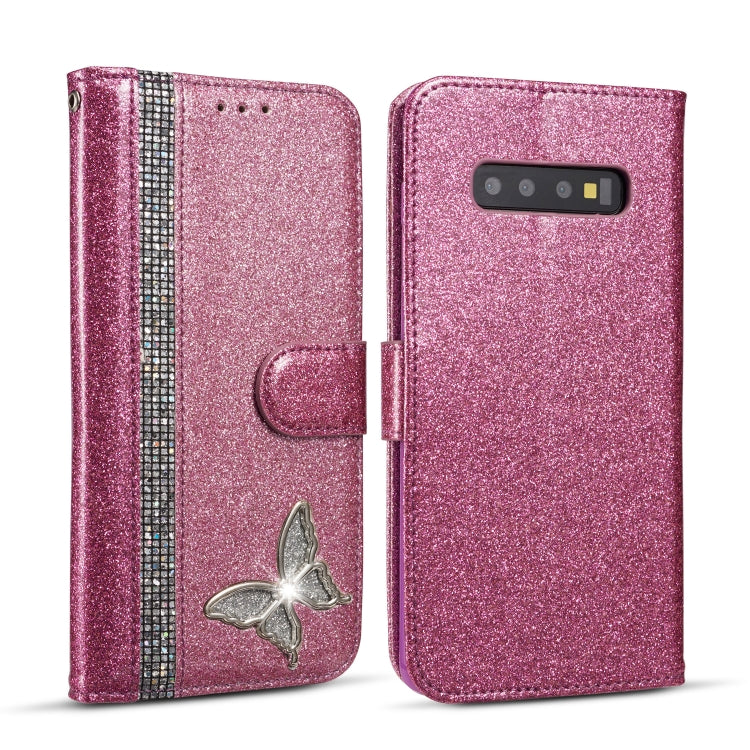 For Samsung Galaxy S10+ Glitter Powder Butterfly Leather Phone Case