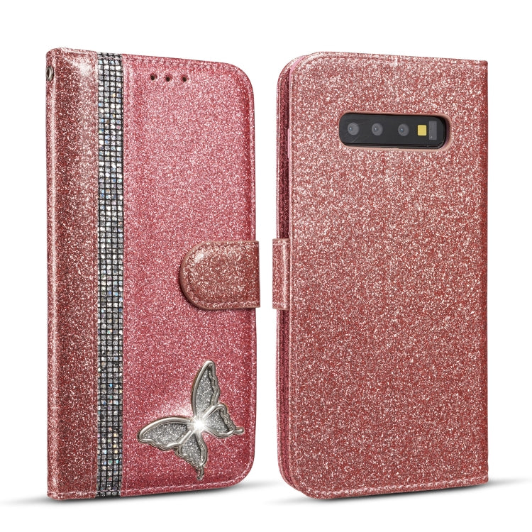 For Samsung Galaxy S10+ Glitter Powder Butterfly Leather Phone Case