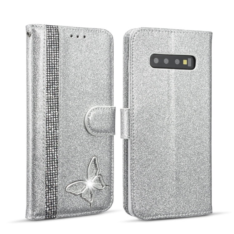 For Samsung Galaxy S10+ Glitter Powder Butterfly Leather Phone Case