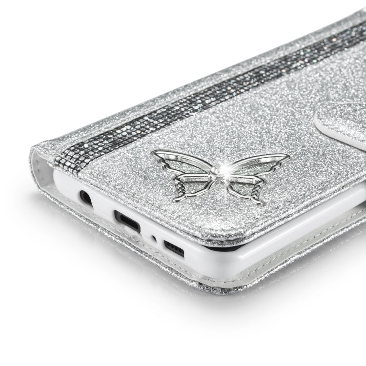 For Samsung Galaxy S10+ Glitter Powder Butterfly Leather Phone Case