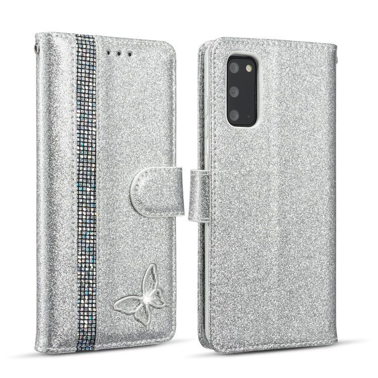 For Samsung Galaxy S20 Glitter Powder Butterfly Leather Phone Case
