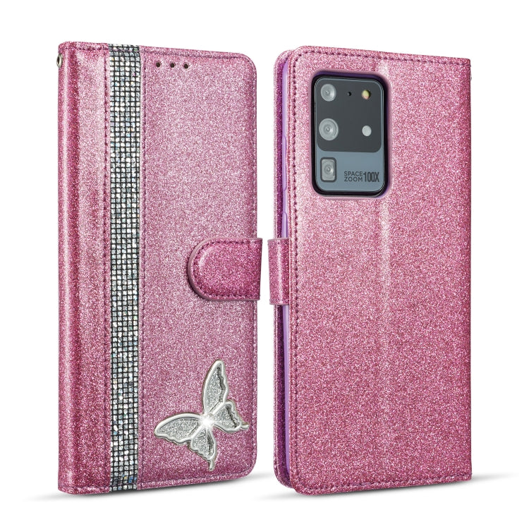 For Samsung Galaxy S20 Ultra Glitter Powder Butterfly Leather Phone Case