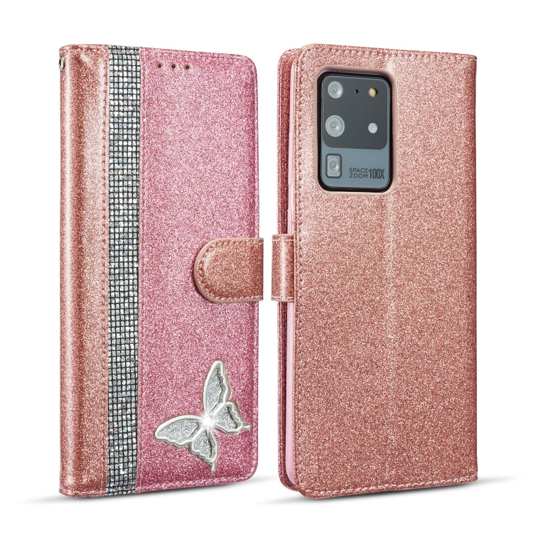 For Samsung Galaxy S20 Ultra Glitter Powder Butterfly Leather Phone Case