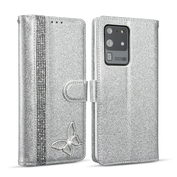 For Samsung Galaxy S20 Ultra Glitter Powder Butterfly Leather Phone Case