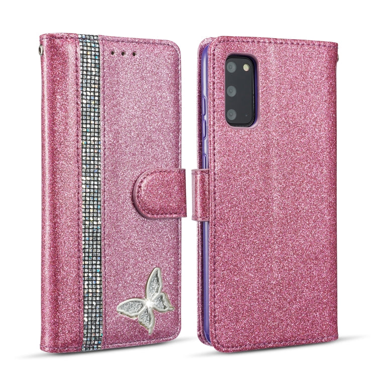 For Samsung Galaxy S20+ Glitter Powder Butterfly Leather Phone Case