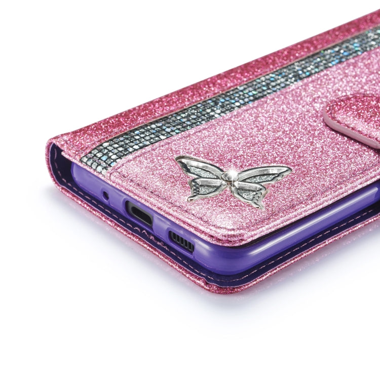 For Samsung Galaxy S20+ Glitter Powder Butterfly Leather Phone Case