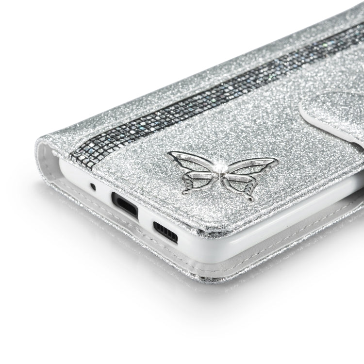 For Samsung Galaxy S20+ Glitter Powder Butterfly Leather Phone Case