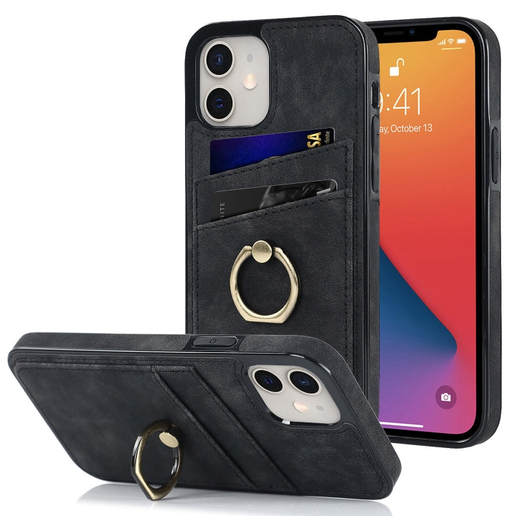 For iPhone 12 mini Vintage Patch Leather Phone Case with Ring Holder