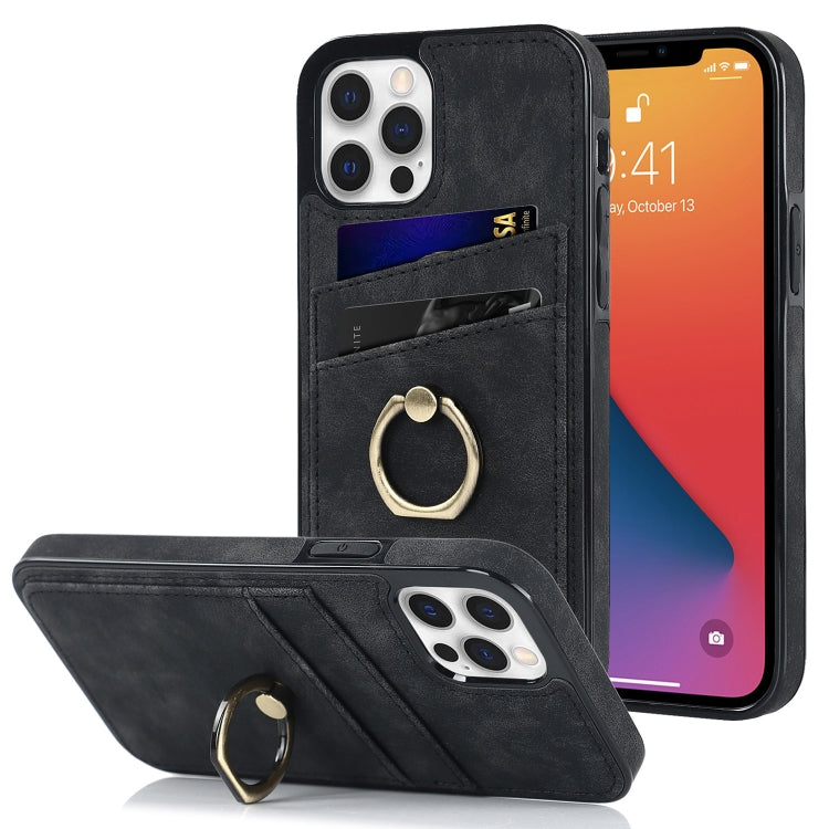 For iPhone 12 Vintage Patch Leather Phone Case with Ring Holder