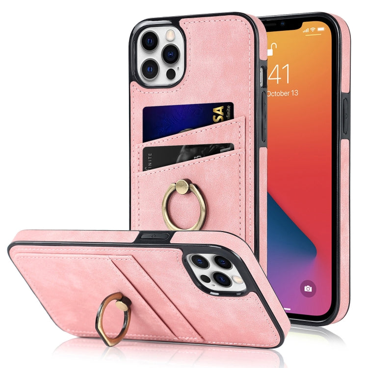 For iPhone 12 Pro Max Vintage Patch Leather Phone Case with Ring Holder