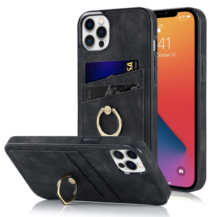 For iPhone 12 Pro Max Vintage Patch Leather Phone Case with Ring Holder