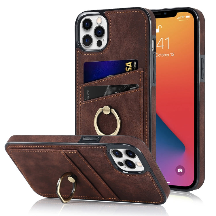 For iPhone 12 Pro Max Vintage Patch Leather Phone Case with Ring Holder