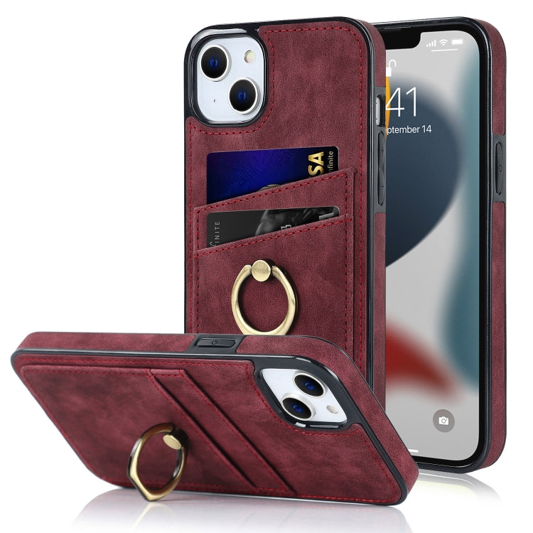 For iPhone 13 Vintage Patch Leather Phone Case with Ring Holder
