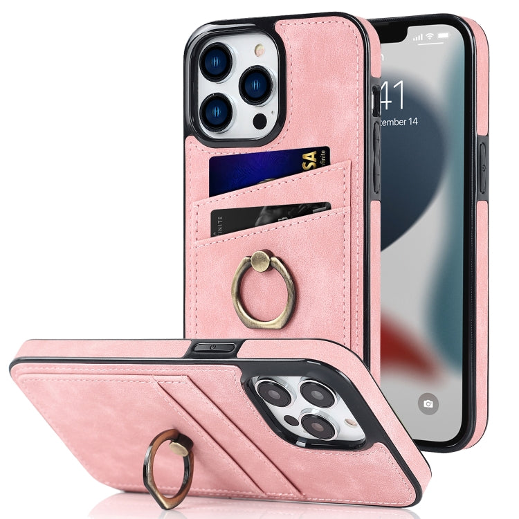 For iPhone 13 Pro Max Vintage Patch Leather Phone Case with Ring Holder