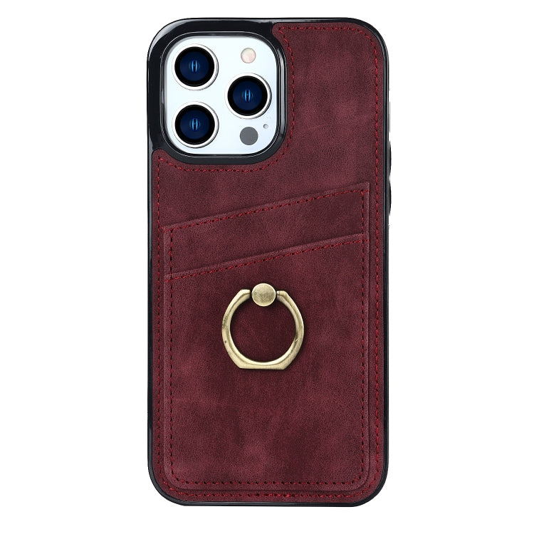 For iPhone 13 Pro Max Vintage Patch Leather Phone Case with Ring Holder