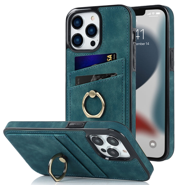 For iPhone 13 Pro Max Vintage Patch Leather Phone Case with Ring Holder