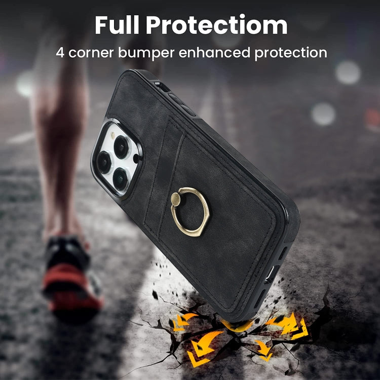 For iPhone 13 Pro Vintage Patch Leather Phone Case with Ring Holder