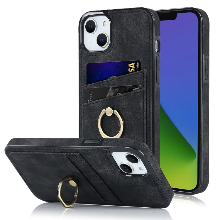 For iPhone 14 Vintage Patch Leather Phone Case with Ring Holder